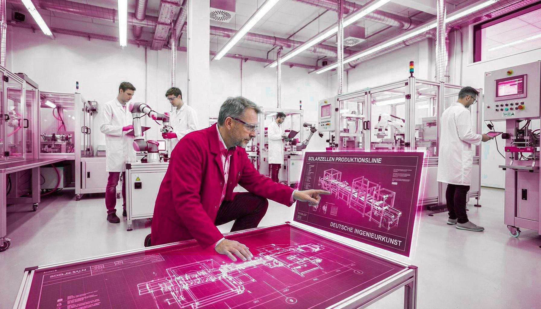 SIEMER ENERTEC engineers reviewing a solar cell production line layout