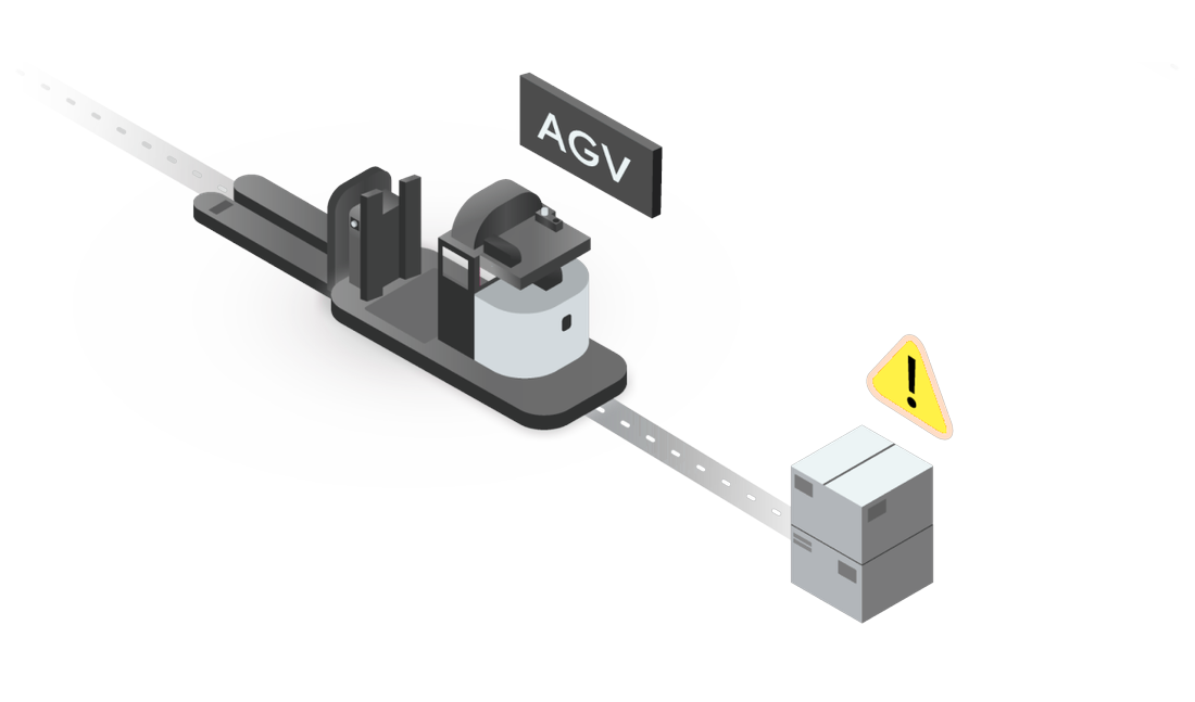 A guided vehicle on a fixed floor path, halted by a pallet standing on the route it cannot leave, with a warning raised