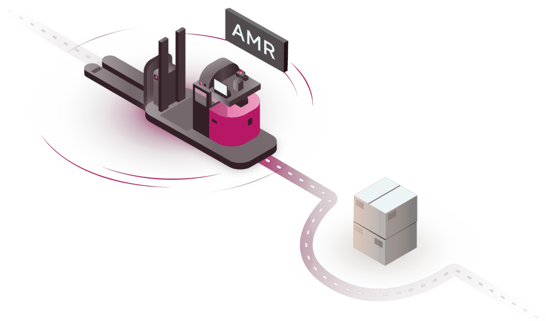 An autonomous mobile robot scanning its surroundings, its route curving around a pallet left in the aisle and rejoining the far side