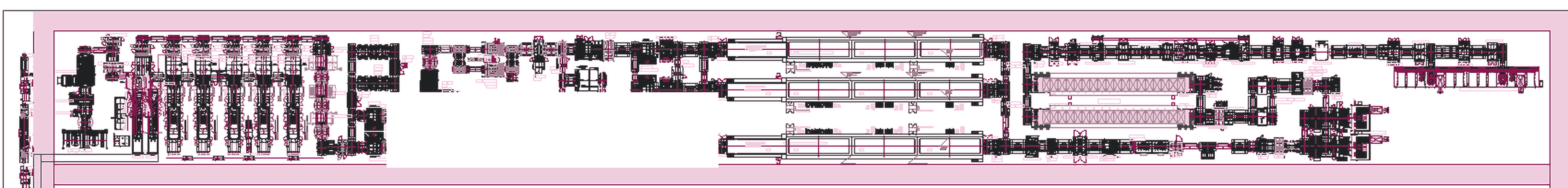 General arrangement drawing of an integrated module line engineered for TOPCon, back contact and HJT production, with AGV transport corridors highlighted along the full length of the line